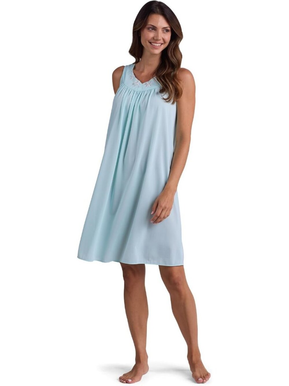 Sleeveless Women's Nightgown - Short Nylon Tricot Gown with Petal Embroidery